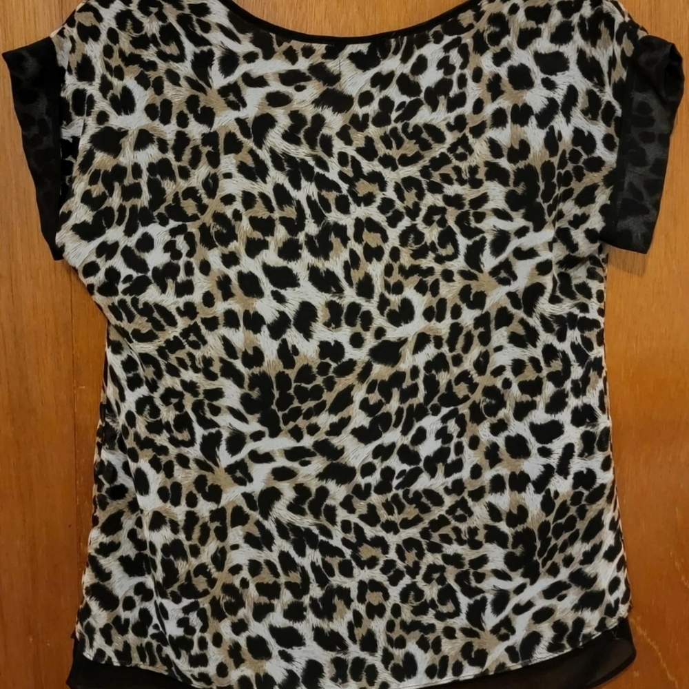 Silky Animal Print Top Black & Beige Short Sleeves XS